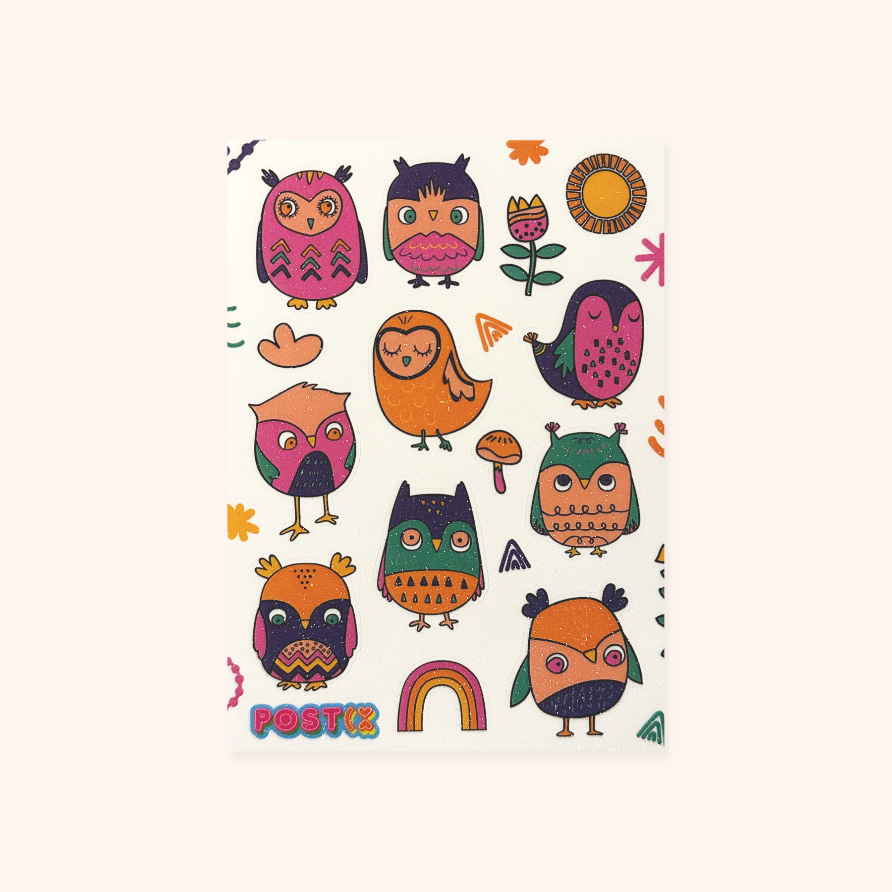Colourful Cartoon Owls A6 Glitter Sticker Sheet