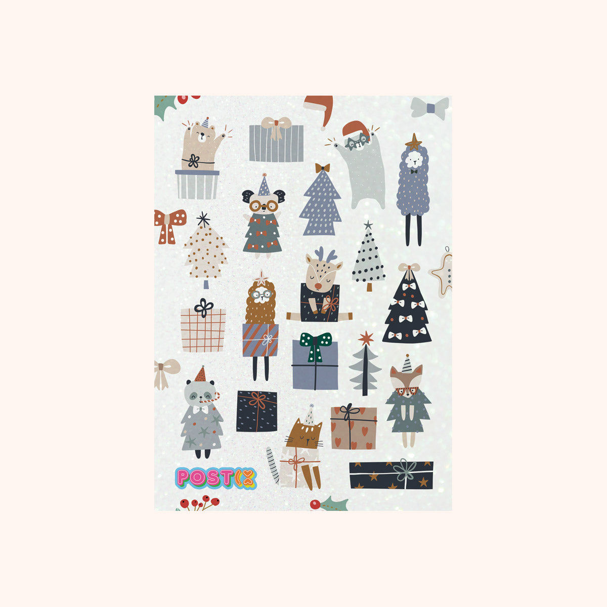 Christmas Animal Presents A6 Glitter Sticker Sheet