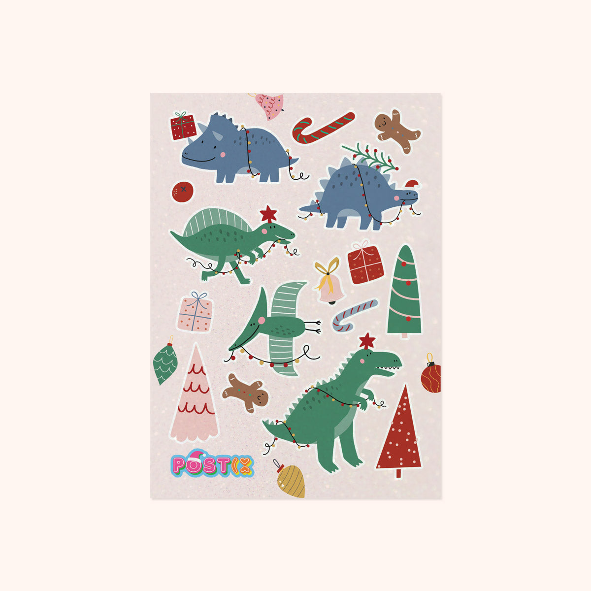 Dino Christmas Party A6 Glitter Sticker Sheet