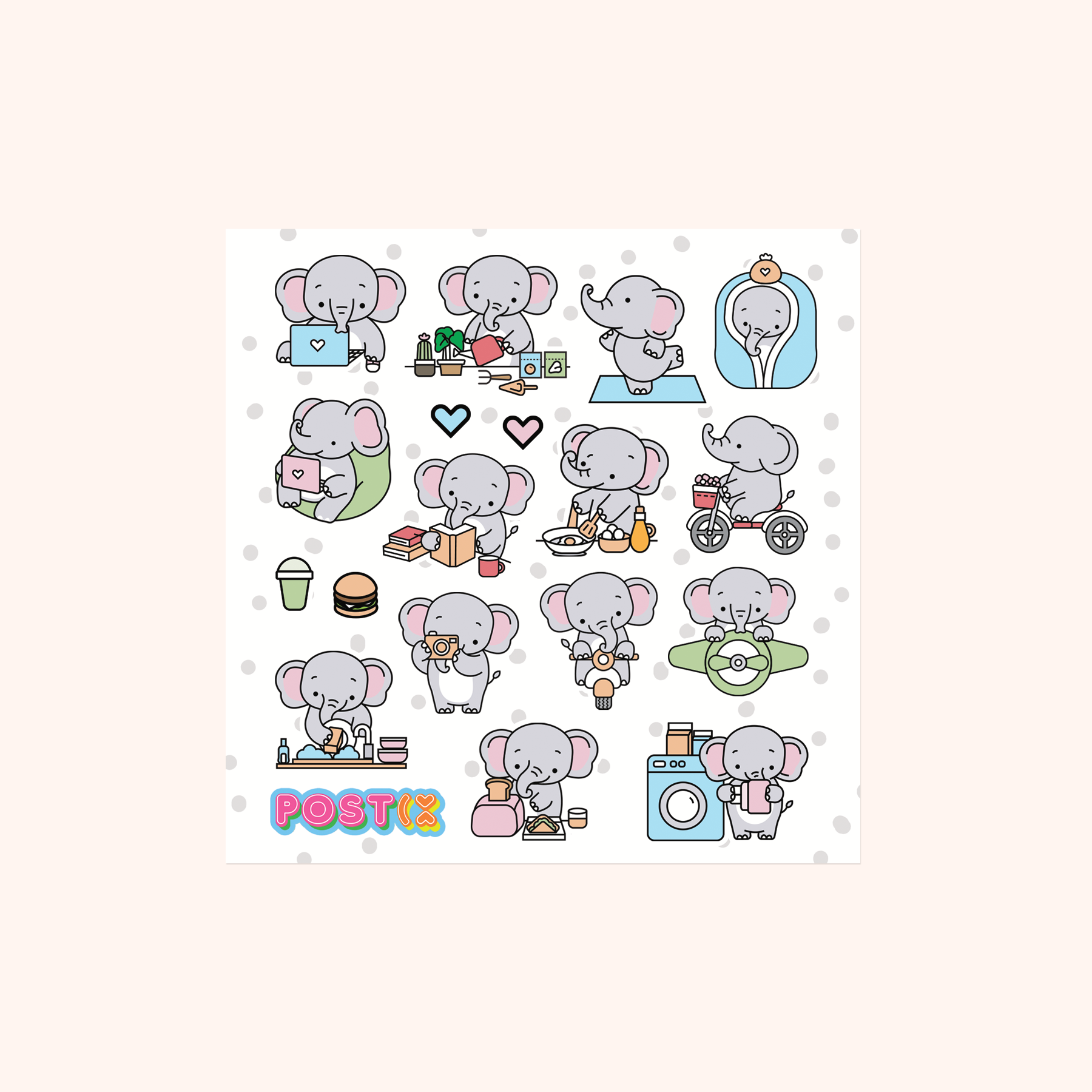 Elephants Busy Day Square Sticker Sheet