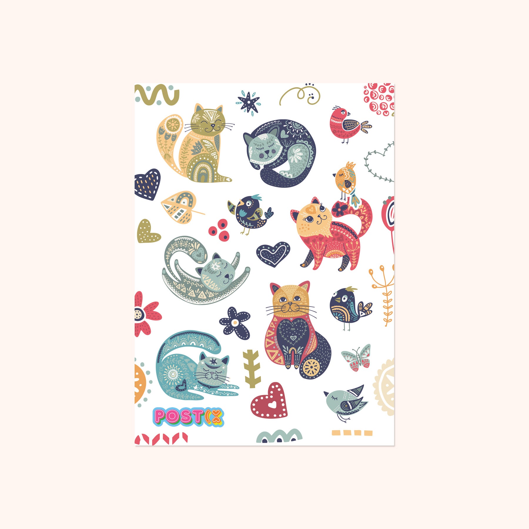 Folk Art Cats A6 Sticker Sheet