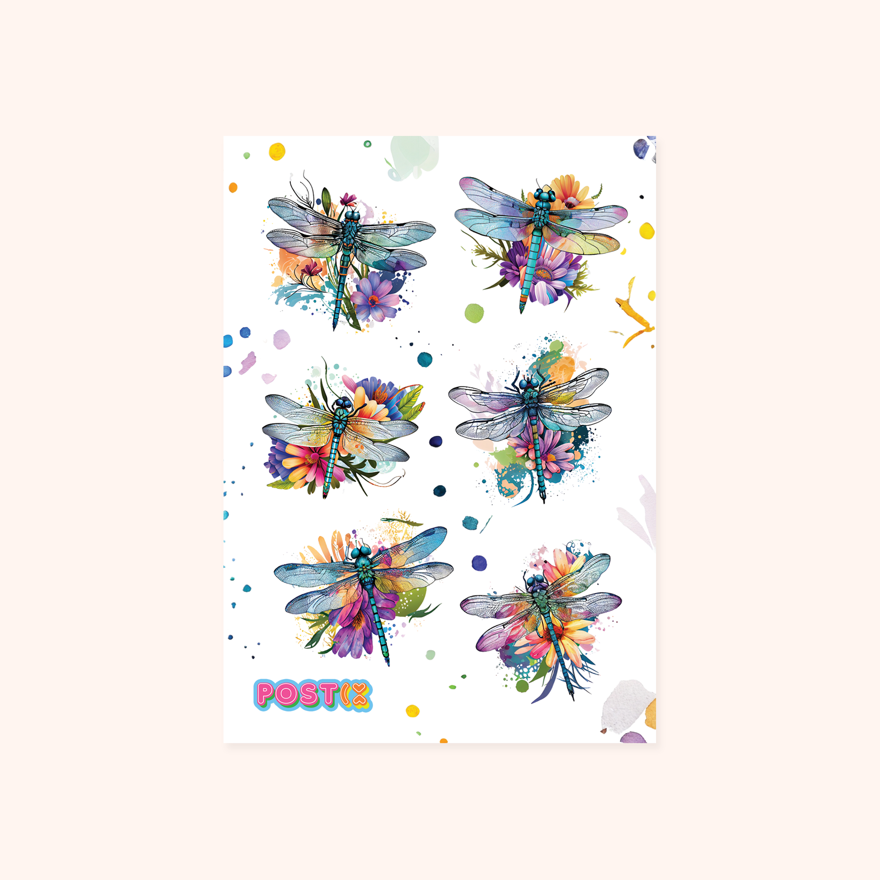 Vibrant Watercolour Dragonflies and Flowers A6 Washi Sticker Sheet