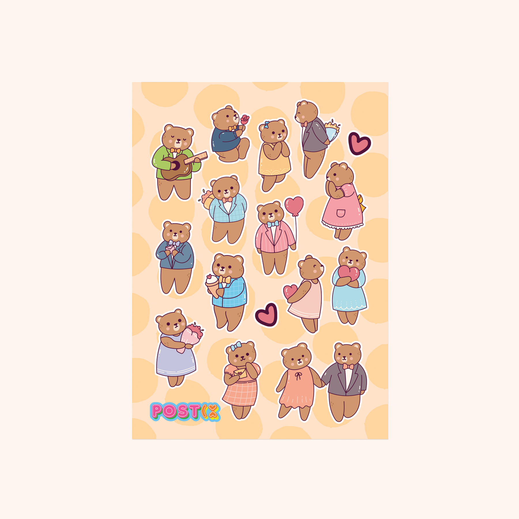 Romantic Bear in Love and Hearts A6 Sticker Sheet