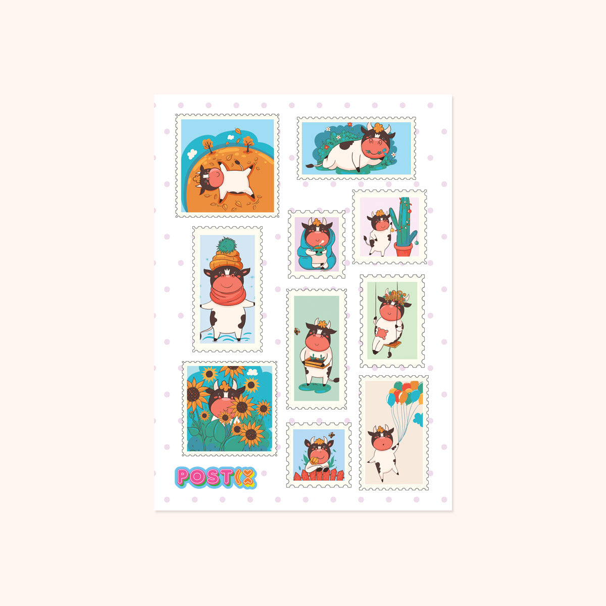 Cow Greeting Stamps A6 Sticker Sheet