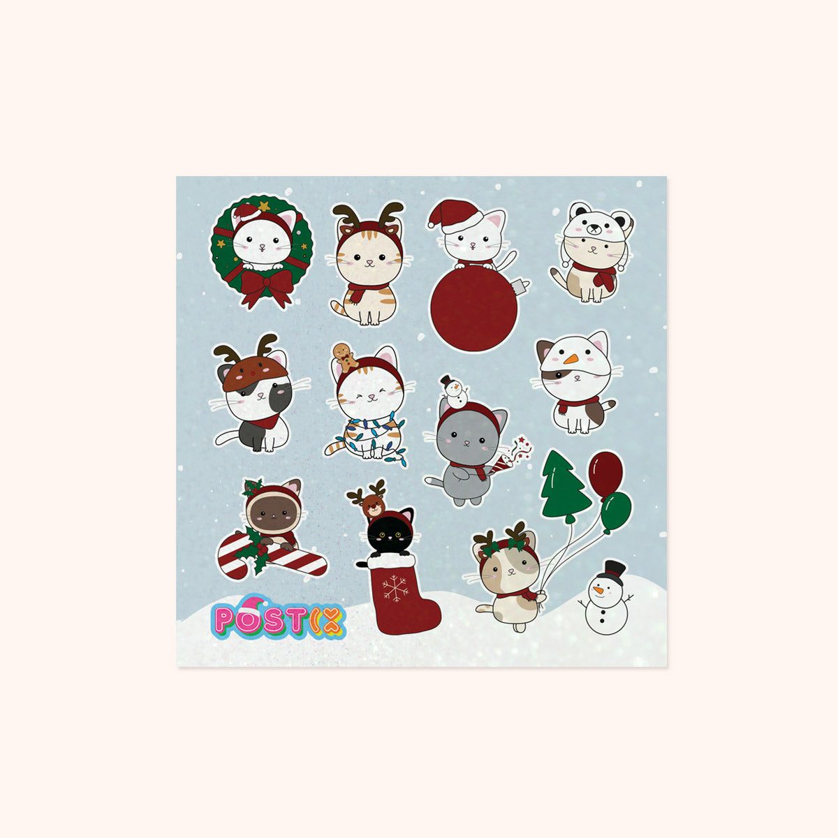 Cute Christmas Cats Square Glitter Sticker Sheet