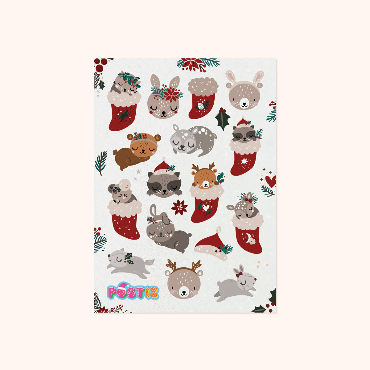 Sleeping Christmas Animals A6 Glitter Sticker Sheet
