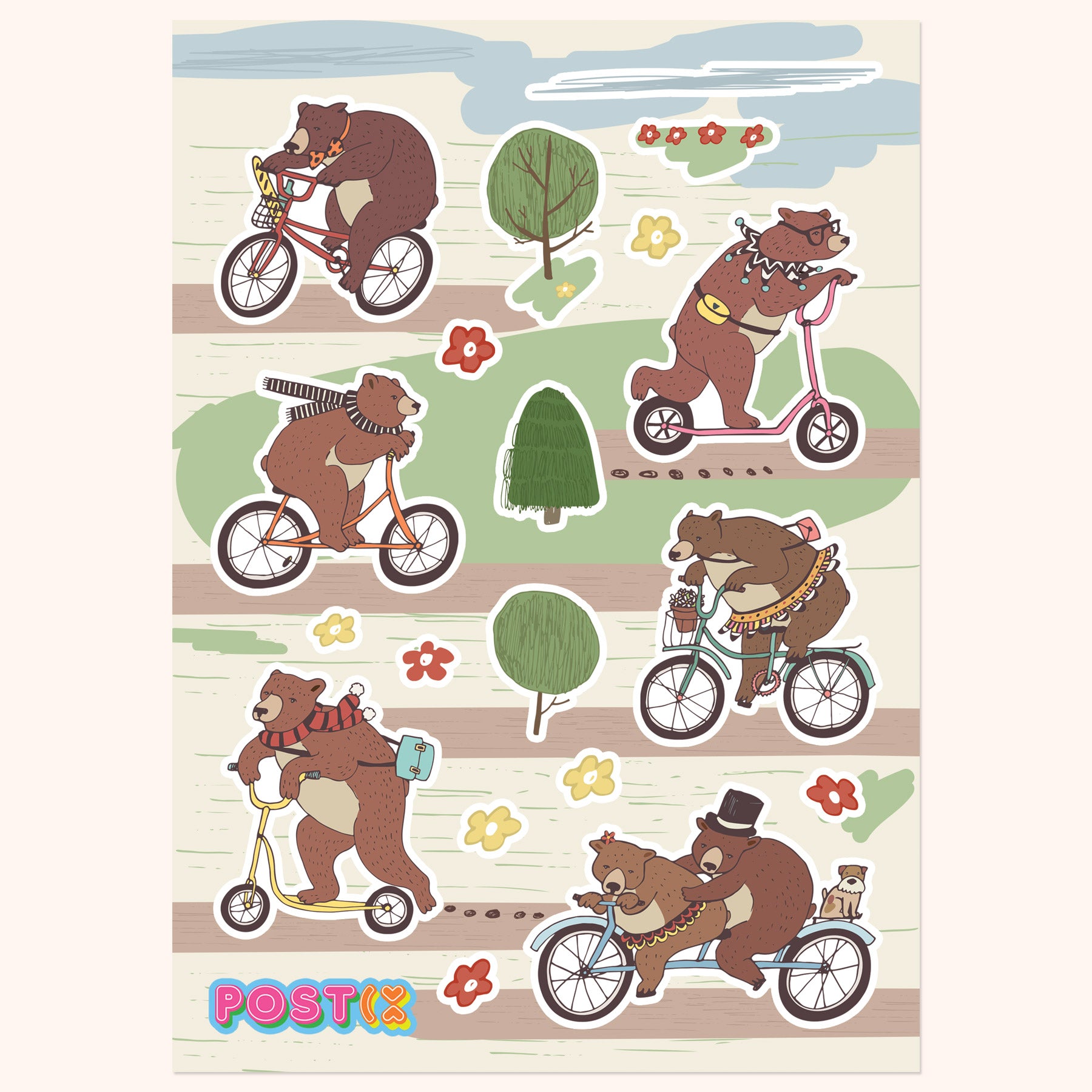 Busy Bears on Bikes A5 Sticker Sheet