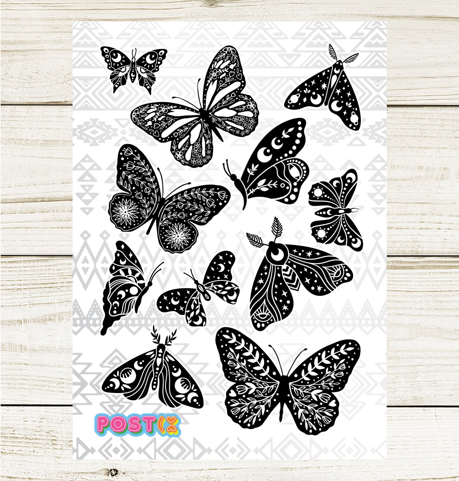 Black and White Bohemian Butterflies A6 Sticker Sheet
