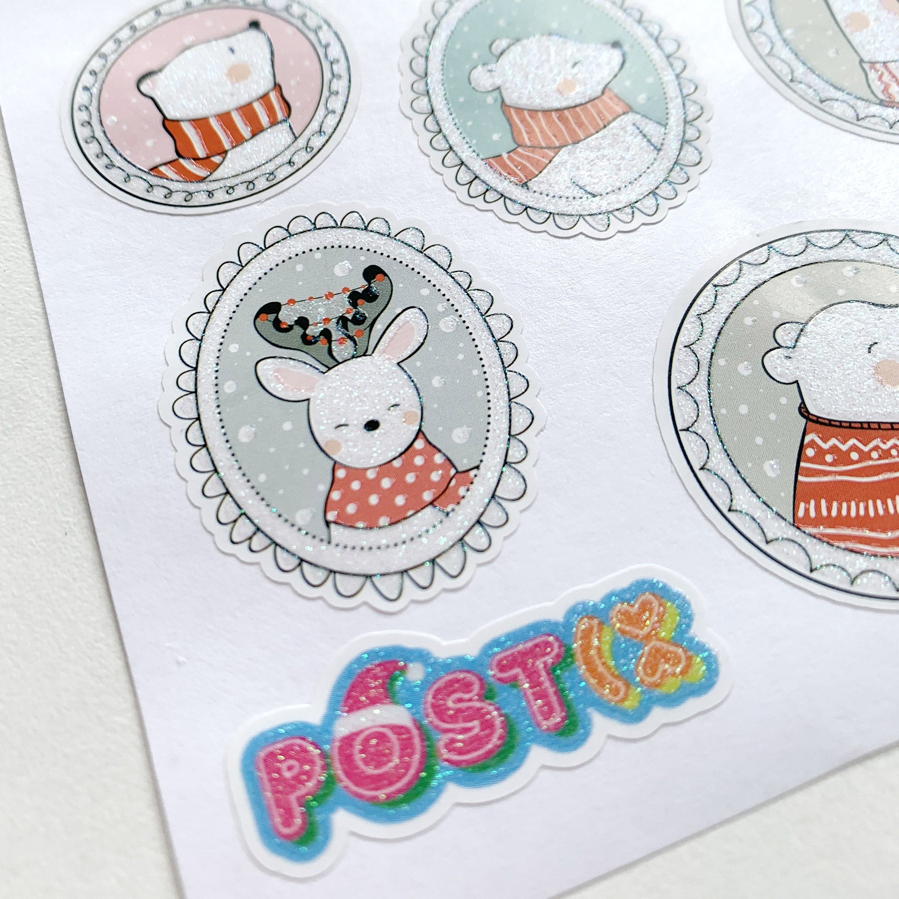 Christmas Cameo Animals A6 Glitter Sticker Sheet