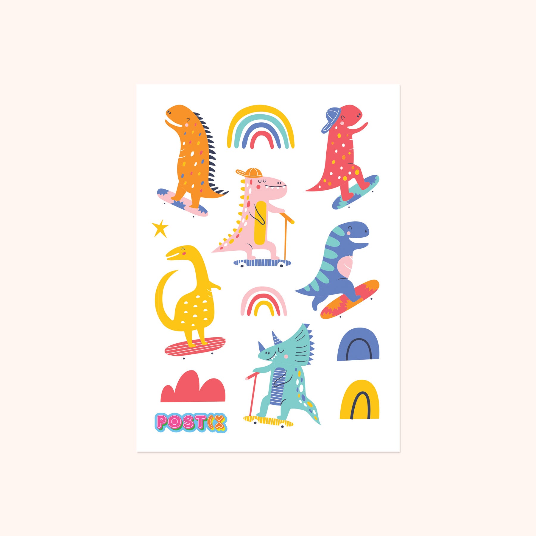 Dino Rainbow Riders A6 Sticker Sheet
