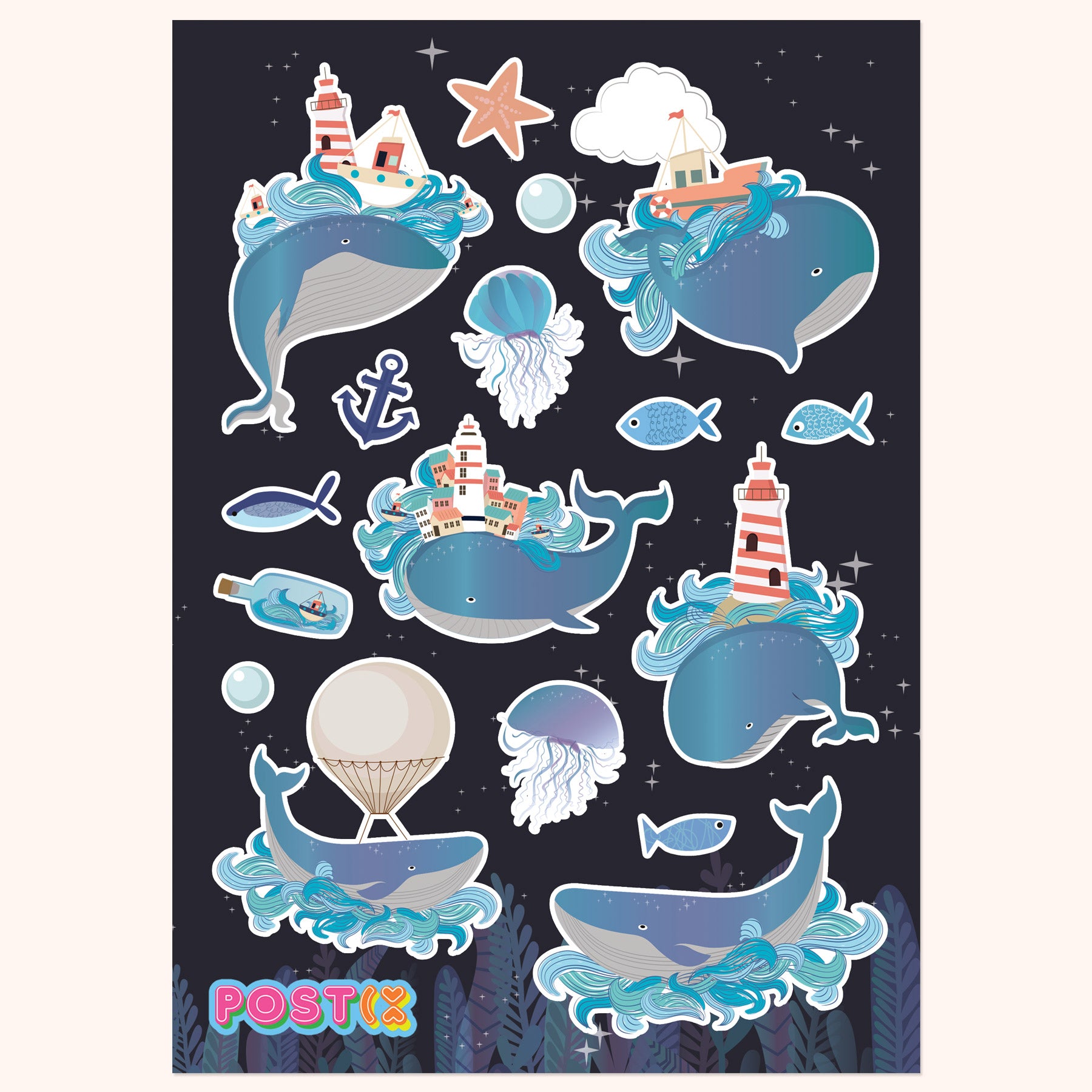 Whales Night Magic A5 Sticker Sheet