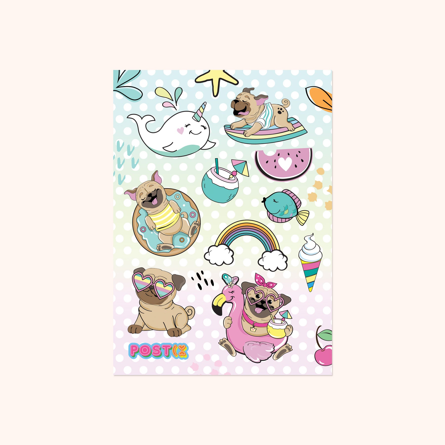 Summertime Pugs A6 Sticker Sheet