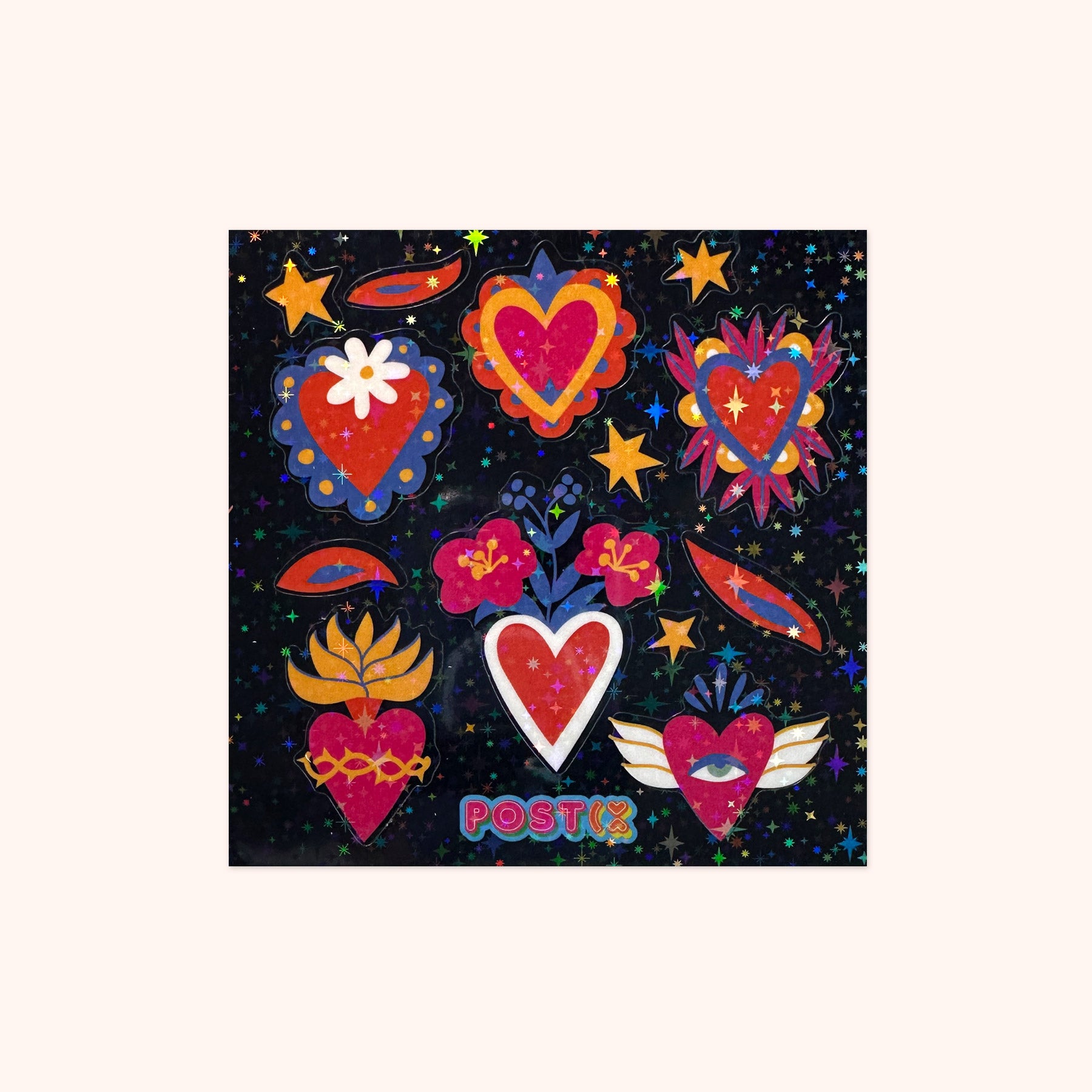 Kitschy Love Hearts Square Hologram Sticker Sheet