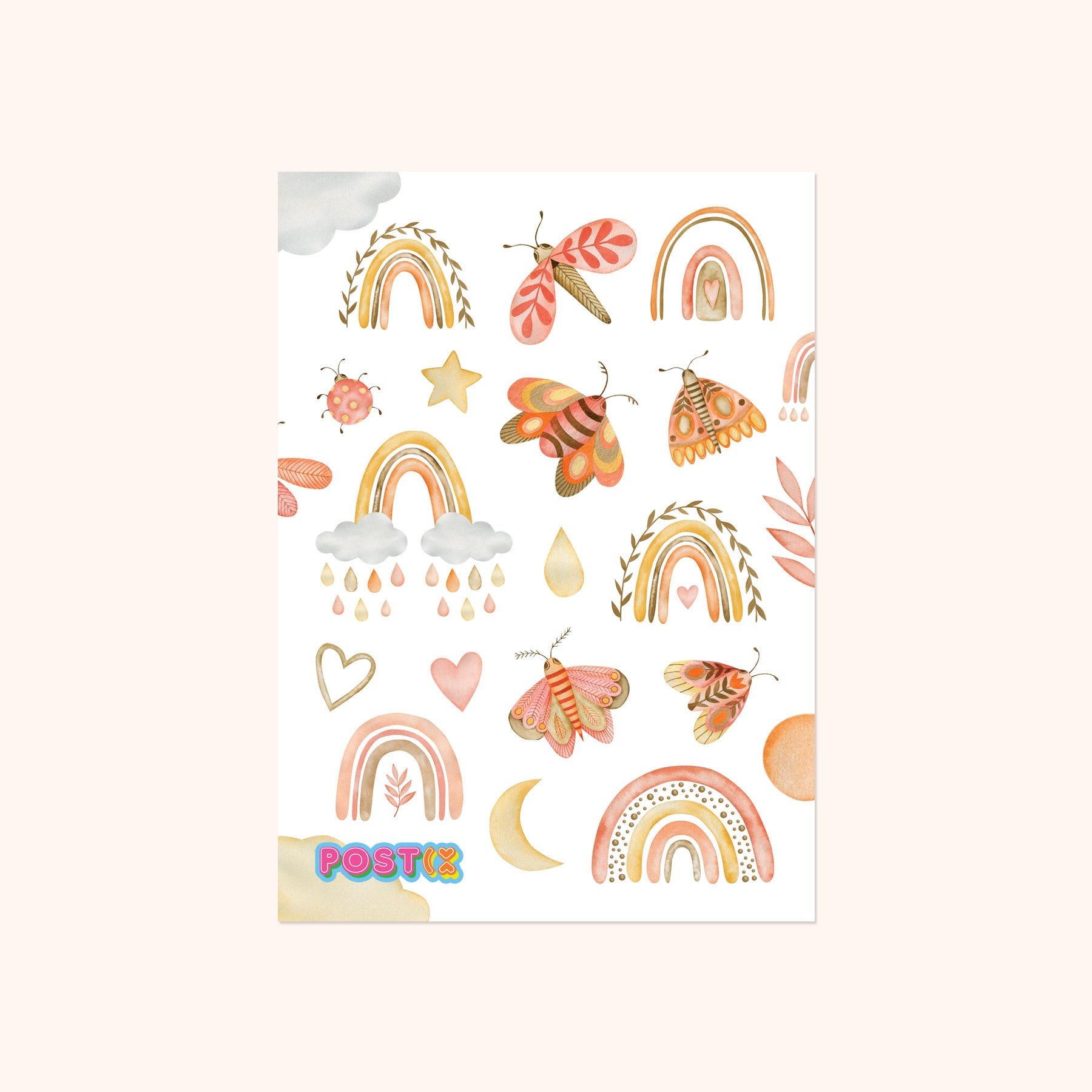 Watercolour Rainbows and Moths A6 Washi Sticker Sheet